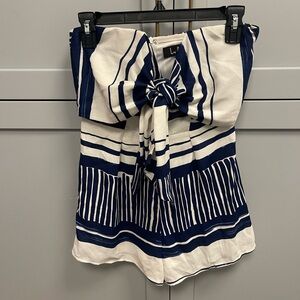 Lulus Strapless Tie Front Romper Blue White Stripe XS